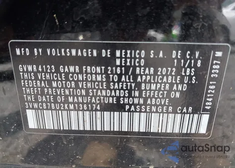 2019 Volkswagen Jetta 1.4T R-Line/1.4T S/1.4T Se from USA, damaged, VIN 3VWCB7BU2KM136174